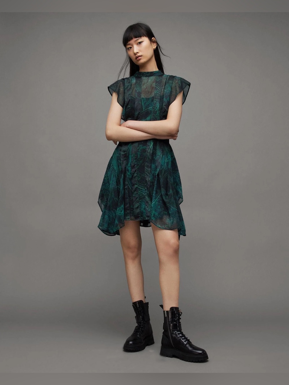 AllSaints Fleur Ziggy Asymmetric Hem Zig Mini Dress, Size 10